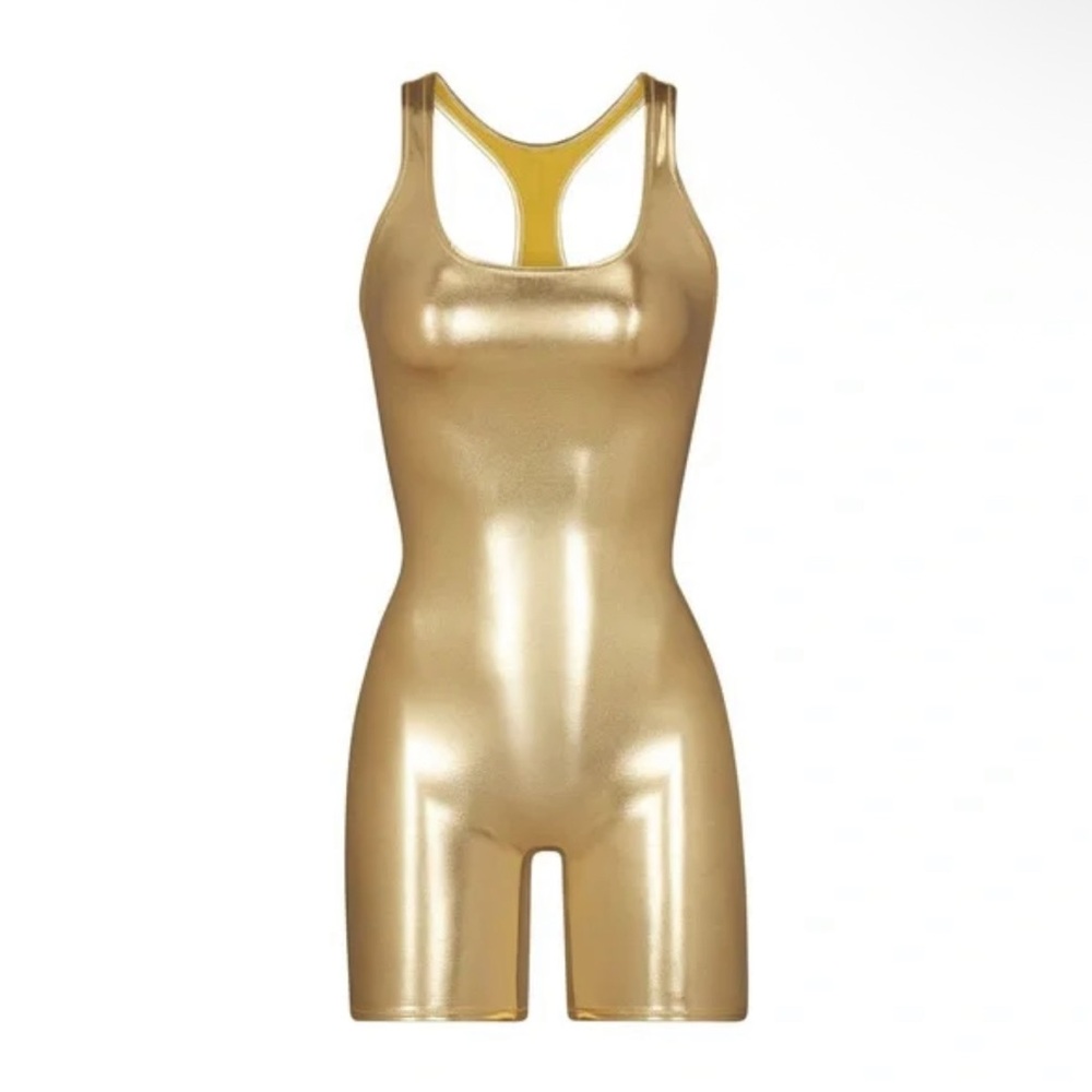 SKIMS Metallic Swim Suit in Gold, Size XS